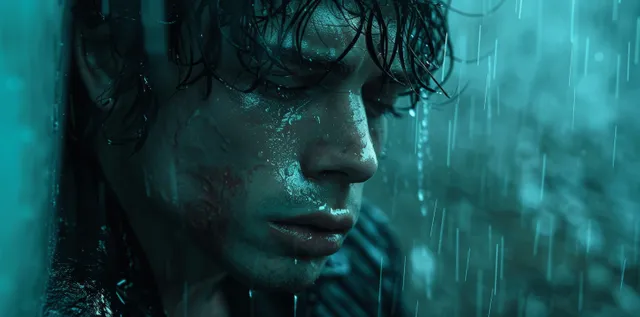 A young person in neon rain looks down with ghosted digital messages suggesting online harassment.