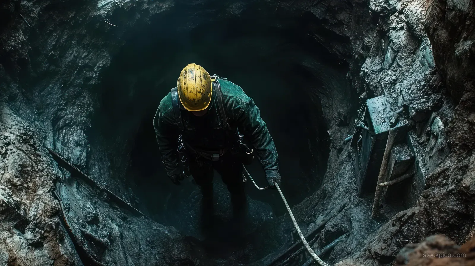 A helmeted miner wearing protective gear climbs a rope up the rocky walls of a dark underground mine shaft.