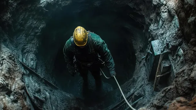A helmeted miner wearing protective gear climbs a rope up the rocky walls of a dark underground mine shaft.