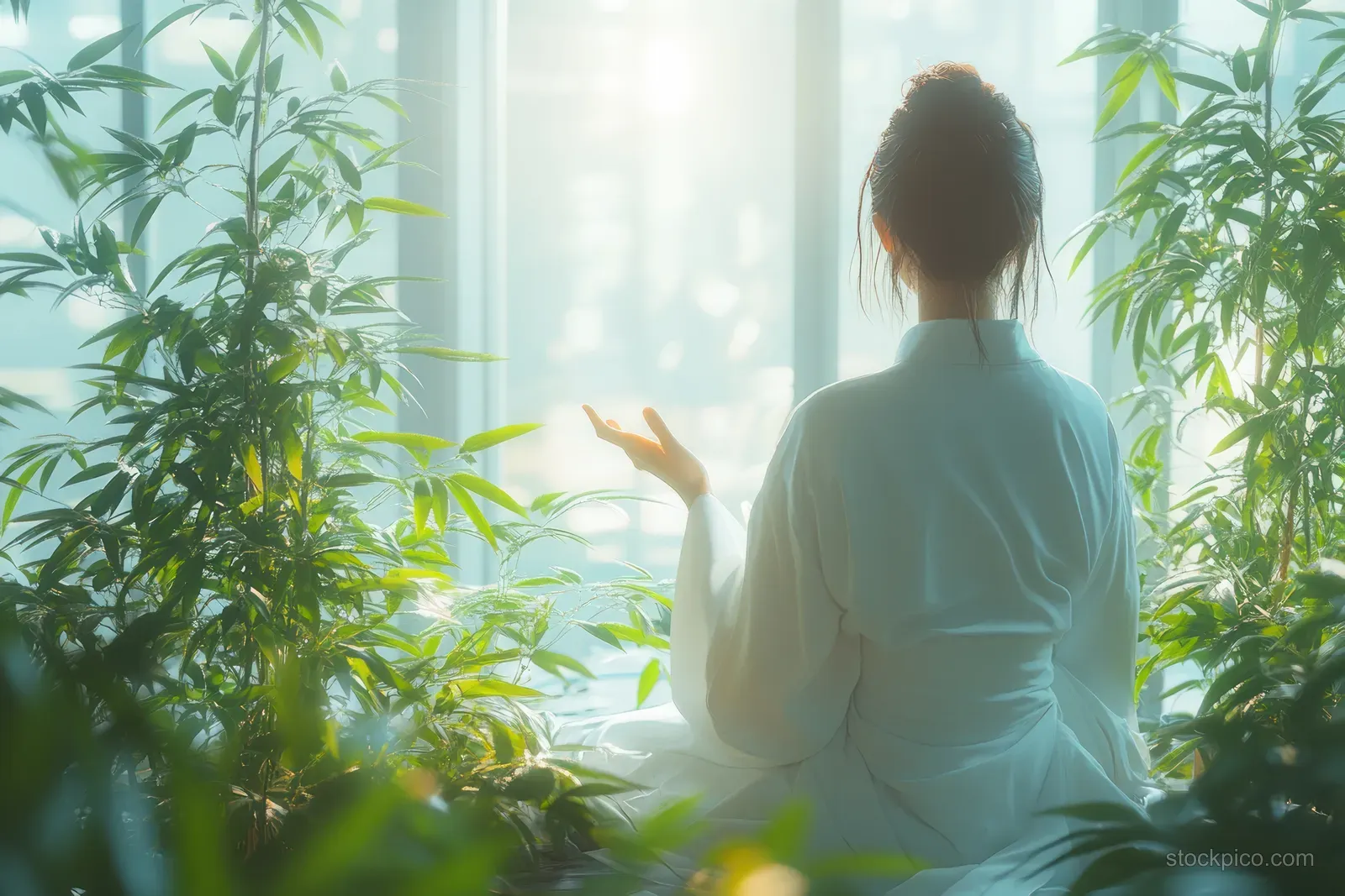 A young aesthetician in white uniform smiles indoors surrounded by lush green plants near a window.