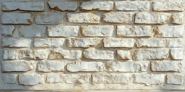 A close-up of an aged white brick wall with irregular bricks, mortar lines, and soft daylight shadows.