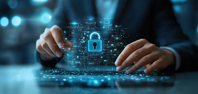 Hands typing with digital padlock icon over glowing cyber network backdrop