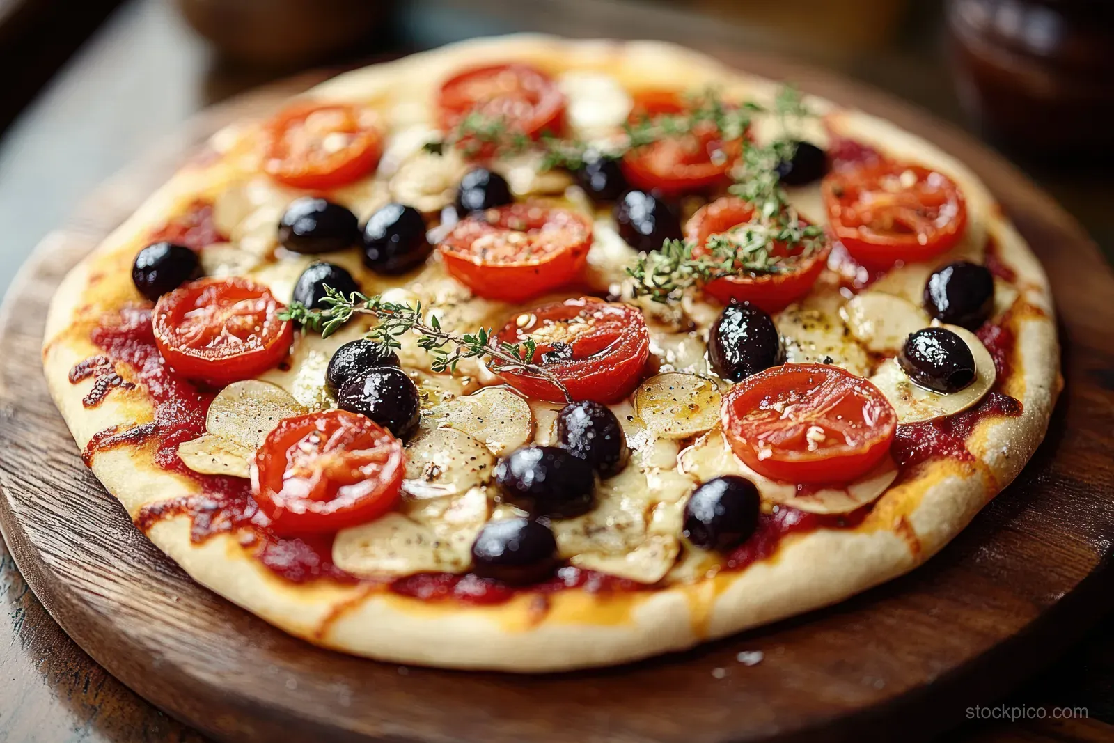 Homemade pizza topped with tomato slices, black olives, melted mozzarella, herbs, and garlic on a rustic wooden board.