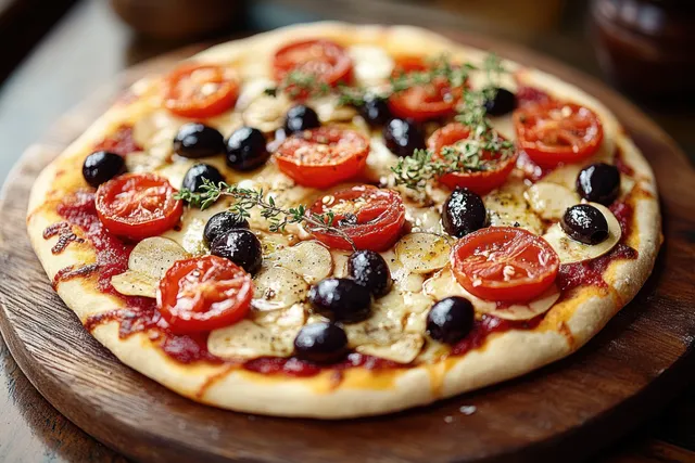 Homemade pizza topped with tomato slices, black olives, melted mozzarella, herbs, and garlic on a rustic wooden board.