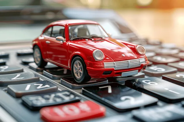 A red toy car rests on a calculator keypad with number keys in the foreground.