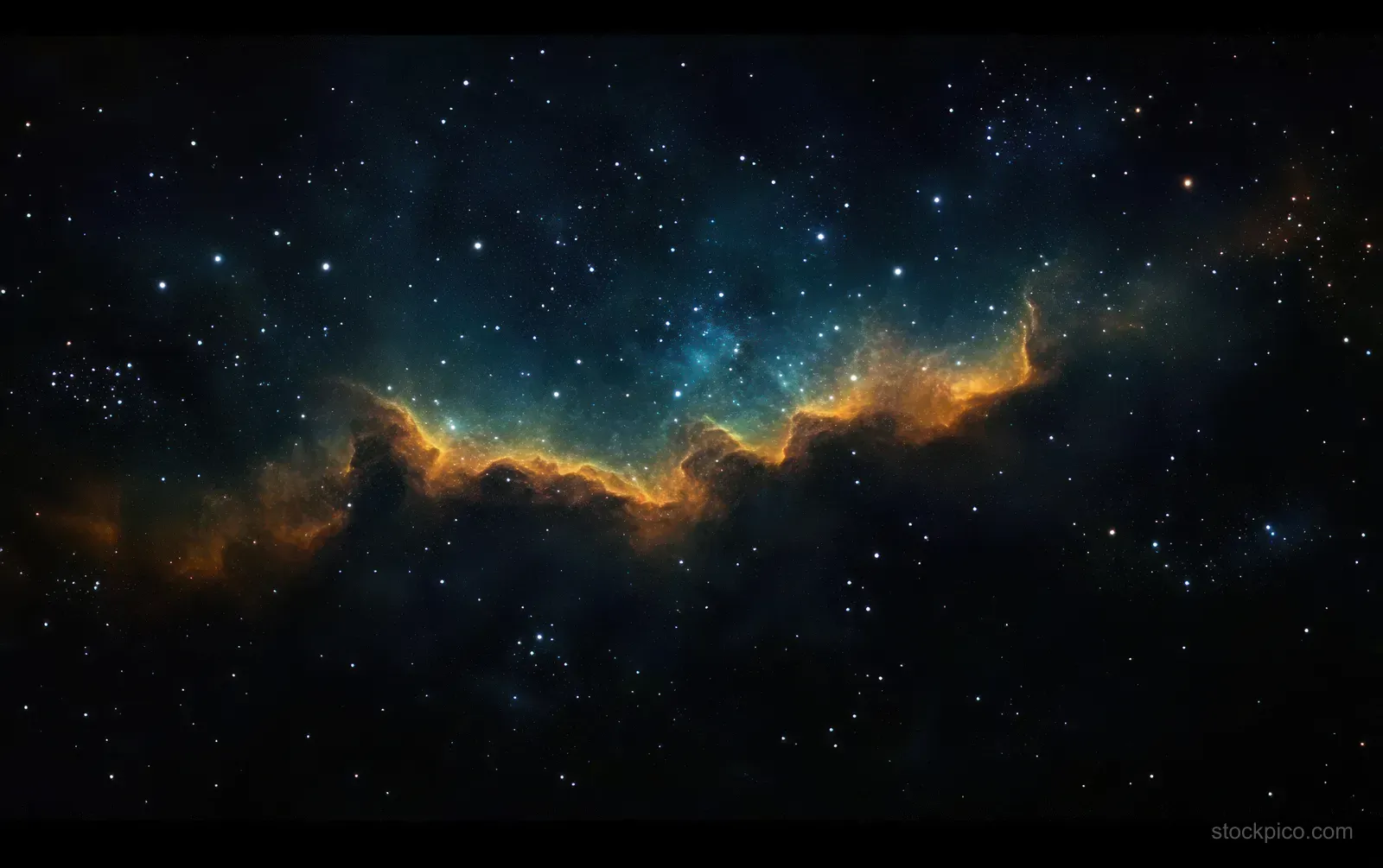 A deep-space star field with glowing blue and orange nebula clouds drifting across a dark sky.