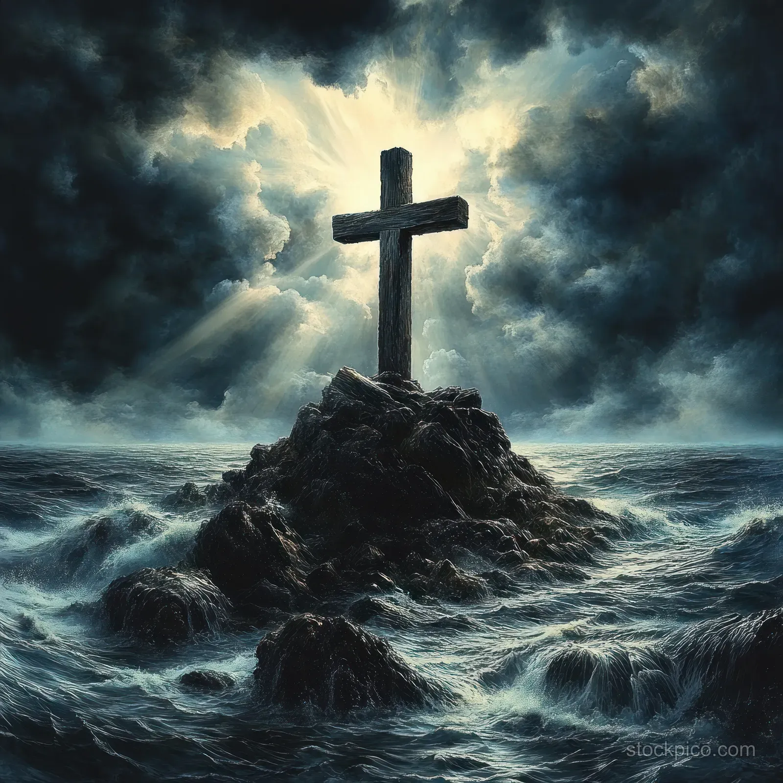 Wooden cross on a rocky island amid crashing waves as storm clouds part and light rays illuminate the sea.