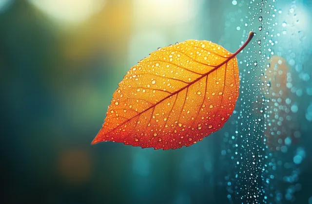 Orange maple leaf rests on a rainy window with raindrops glittering and autumn bokeh in the background.