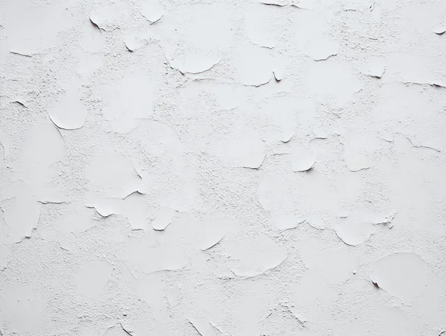 Close-up of a white wall with peeling and flaking paint exposing a rough, worn plaster texture.