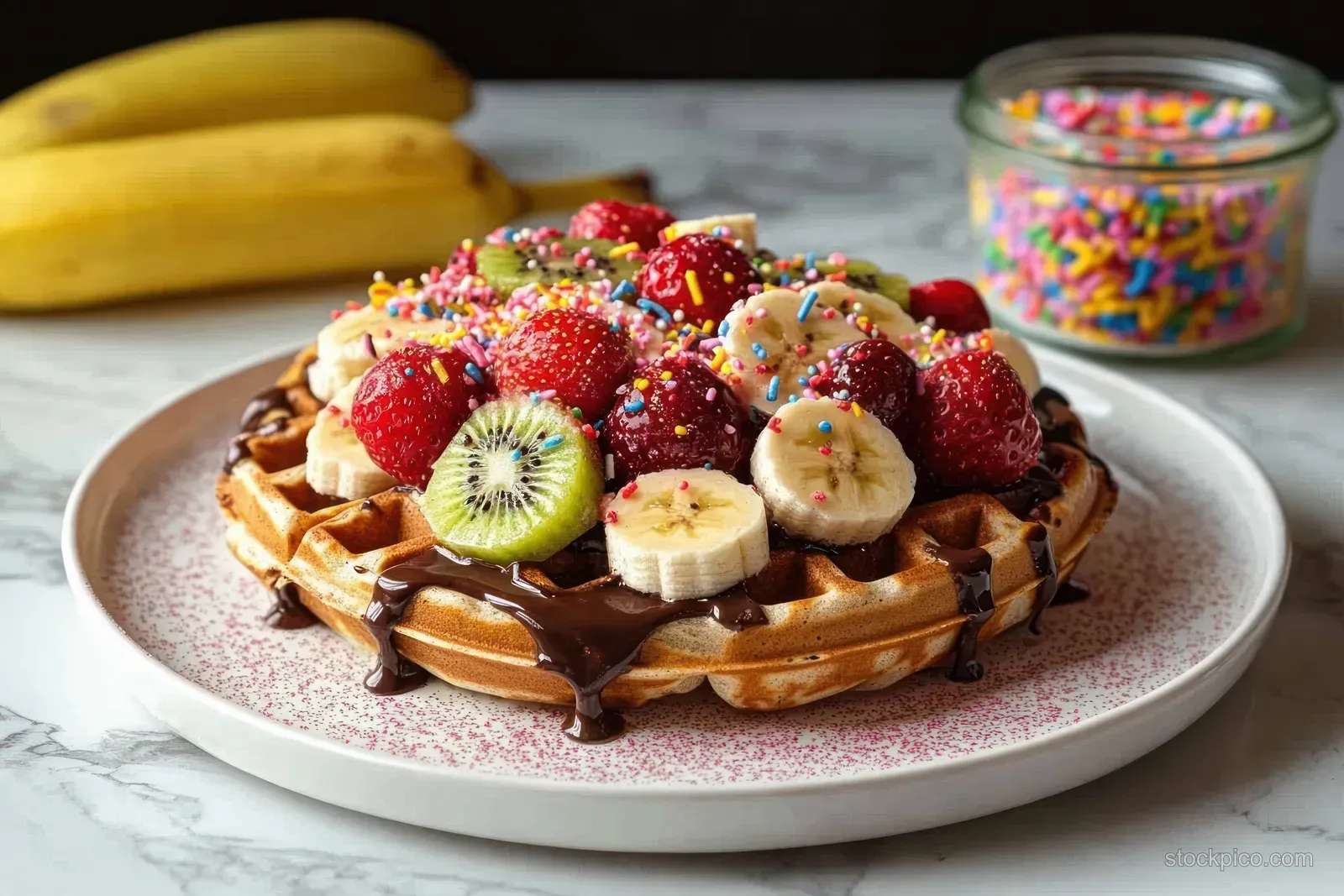 Waffle on a white plate topped with strawberries, banana, kiwi, sprinkles, and chocolate drizzle.