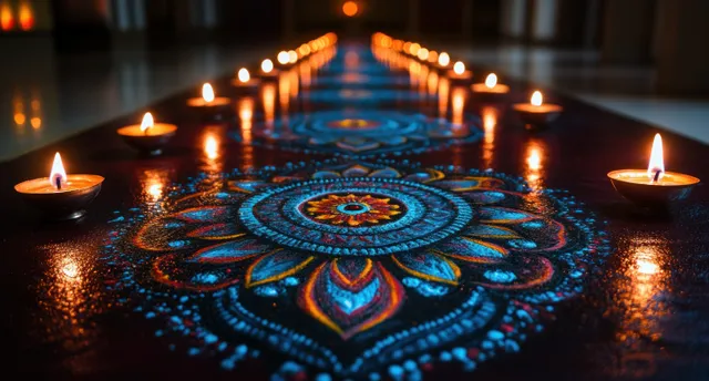 A colorful rangoli pattern sits in the center, surrounded by glowing clay oil lamps on a dark indoor floor.