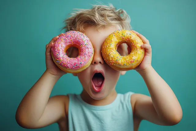A young child holds two frosted donuts over their eyes and looks surprised with an open mouth on a teal background.
