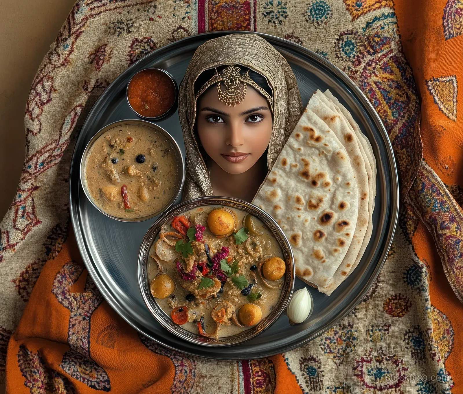 Surreal portrait of a woman in a shawl with traditional jewelry on a metal tray beside naan and curry bowls.