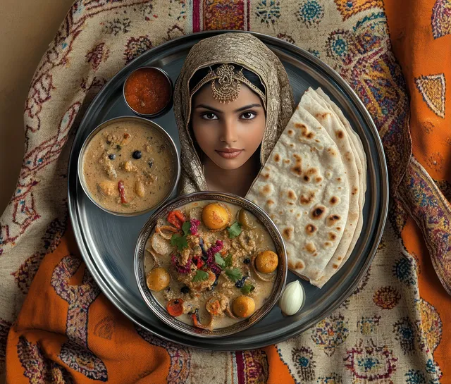 Surreal portrait of a woman in a shawl with traditional jewelry on a metal tray beside naan and curry bowls.