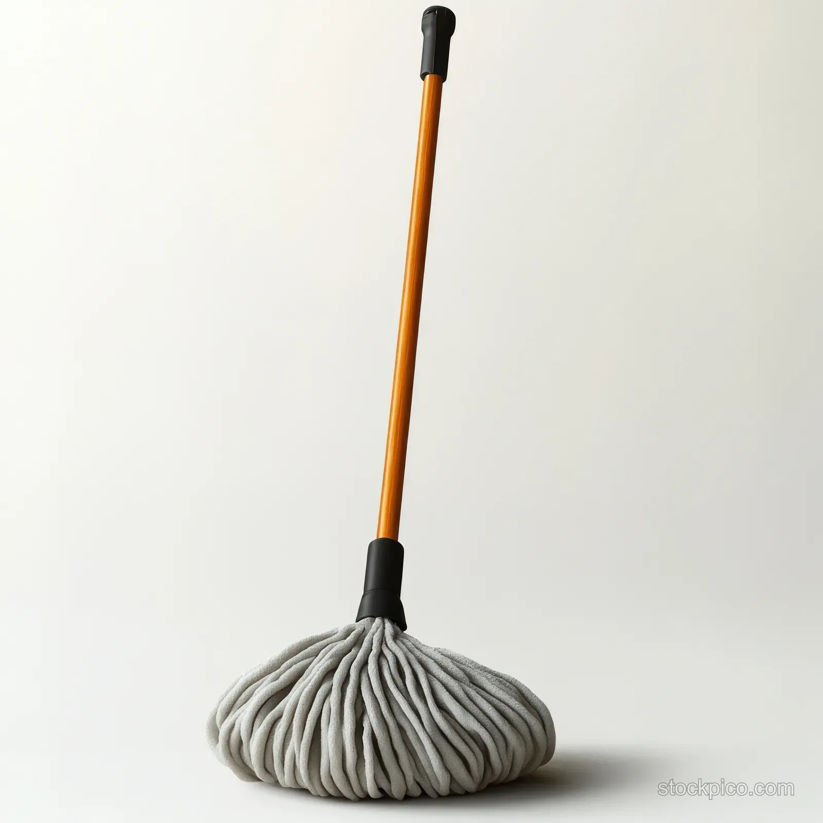 An upright gray microfiber mop with an orange handle standing on a plain white background.
