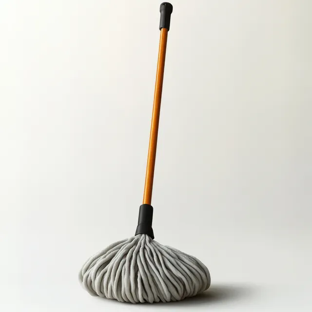 An upright gray microfiber mop with an orange handle standing on a plain white background.