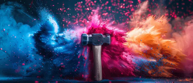 A central sledgehammer surrounded by colorful dust smoke clouds in a banner-style graphic.