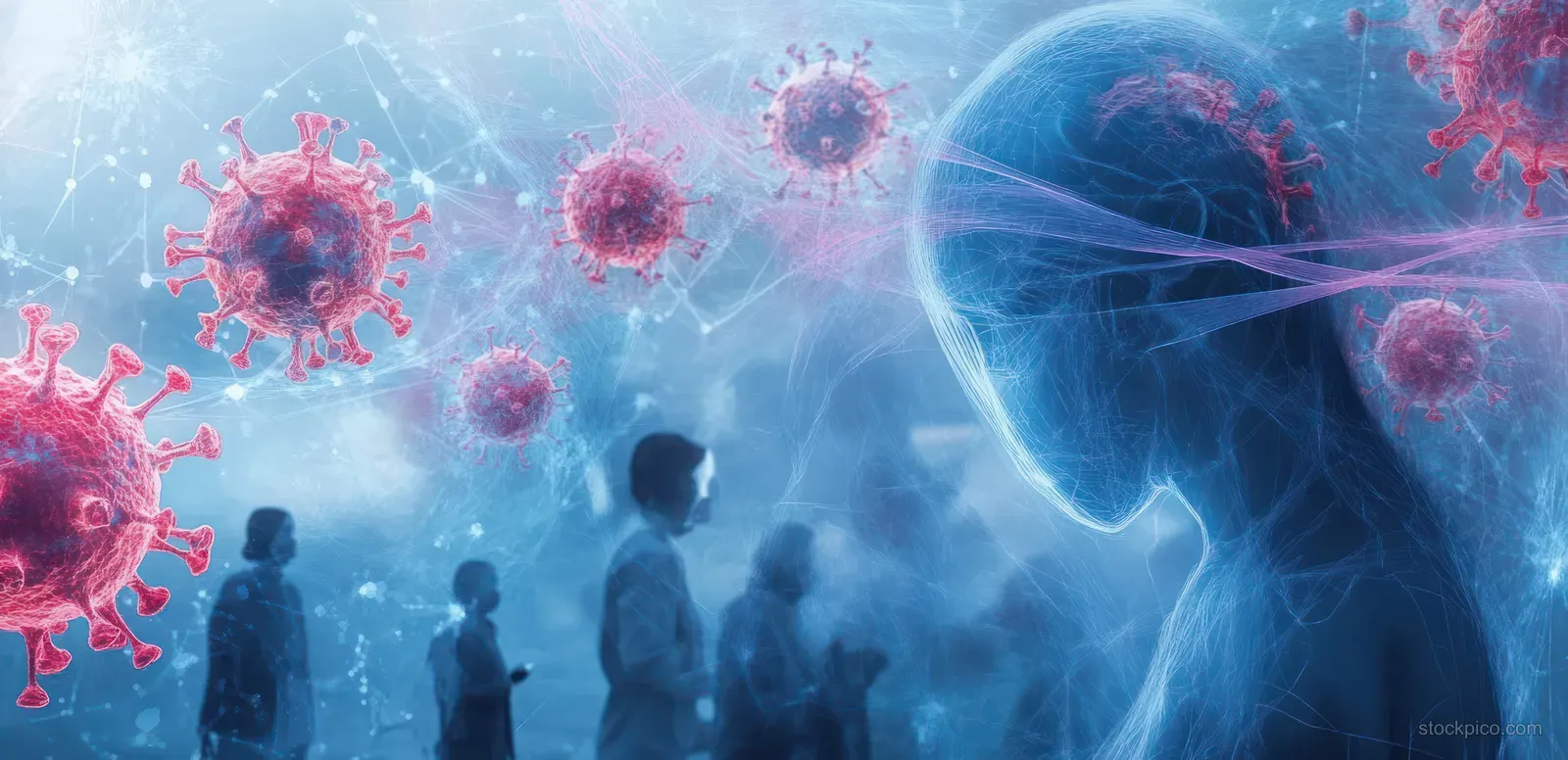 Silhouetted healthcare workers stand amid floating virus spheres and glowing blue data-like overlays.