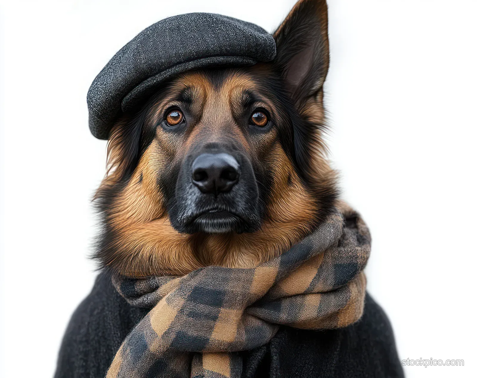 A German shepherd dog poses in a gray flat cap and plaid scarf on a white background.