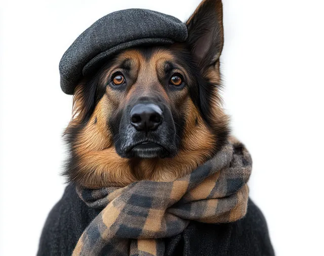 German shepherd dog portrait wearing a gray flat cap and plaid scarf against white