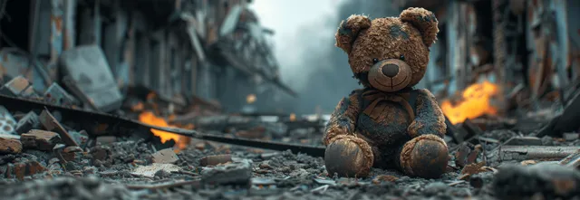 A worn teddy bear sits on rubble in a destroyed city street with fire burning in the background.