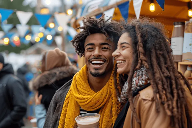 Two multiracial friends smile and laugh while holding cups of coffee at an autumn street festival.