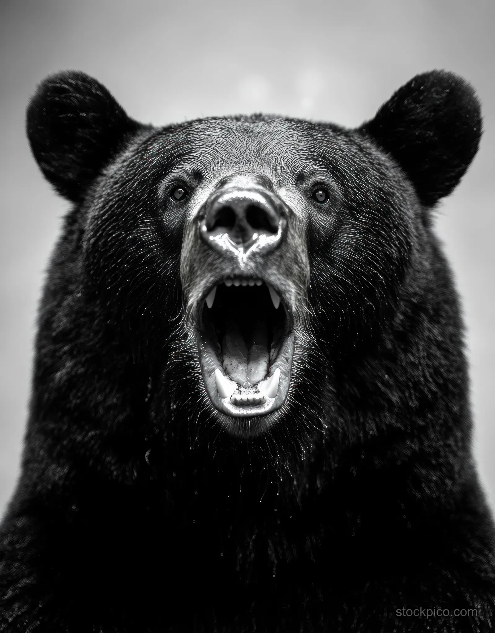 A black bear roars with its mouth wide open, sharp teeth showing, in a monochrome close-up.