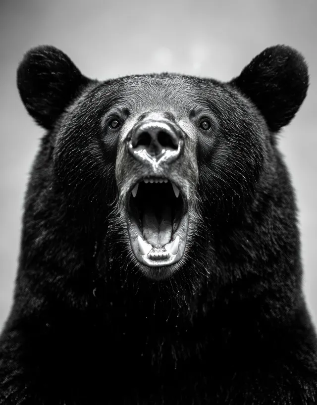 A black bear roars with its mouth wide open, sharp teeth showing, in a monochrome close-up.