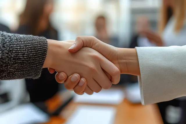 Two people handshake in a conference room while others sit blurred in the background.