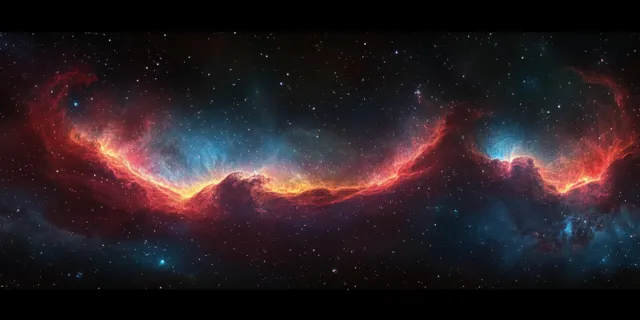 Panoramic view of a red and blue cosmic nebula ring swirling across a deep starfield.