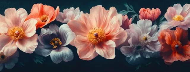 Ramo impresionista en primer plano de peonías y rosas en colores pastel dispuesto sobre un fondo negro oscuro.