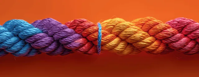 Colorful braided rainbow rope strands with a visible knot on a bright orange background.