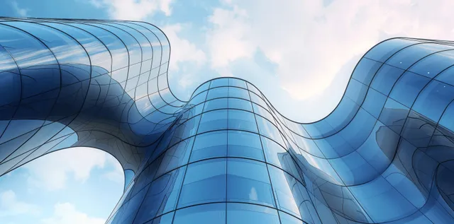 Low-angle view of a futuristic curved-glass office skyscraper with wavy facade panels under a blue sky.