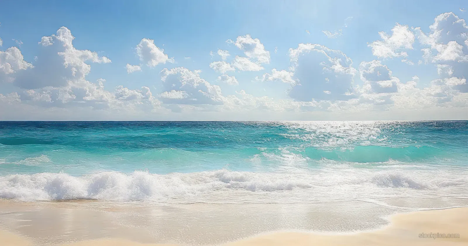 Turquoise ocean waves roll onto a sandy beach under a bright blue sky with scattered white clouds.
