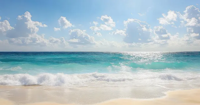 Calm ocean waves rolling onto a sandy beach under bright blue sky and scattered white clouds