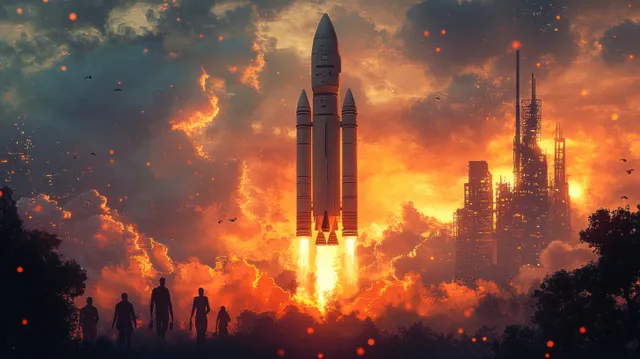Startup team celebrating a rocket launch above clouds with glowing flames and smoke trails