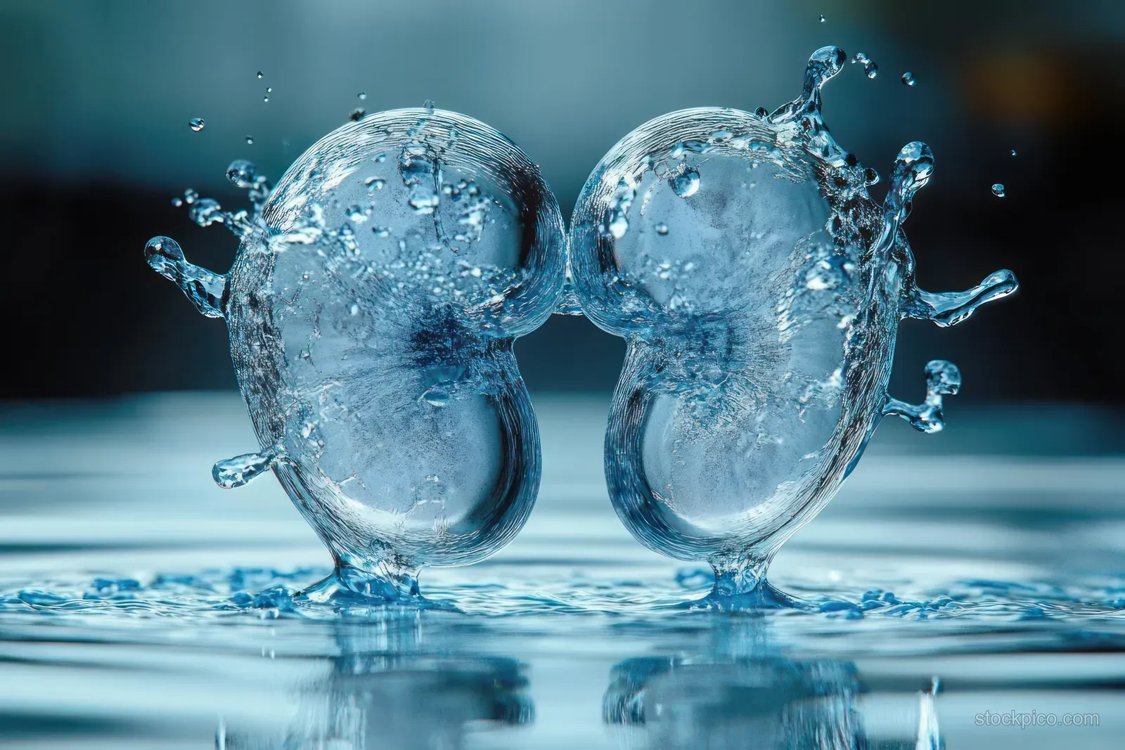 Two kidney-shaped water splashes rise from a smooth blue surface with scattered droplets and mirror reflections.