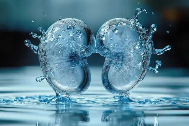 Two kidney-shaped water splashes rise from a smooth blue surface with scattered droplets and mirror reflections.