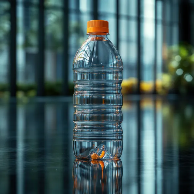 Transparent water bottle with orange cap standing on studio white background, clear reflections visible