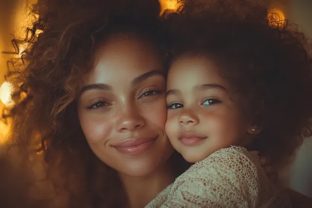 Mother and daughter cuddle on a sofa in a warm-lit living room with hanging lanterns.