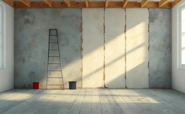 A ladder stands against an unfinished interior wall with plasterboard panels and window-cast shadows.
