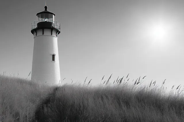 A white lighthouse tower rises from a grassy hill under a bright sun and clear sky.