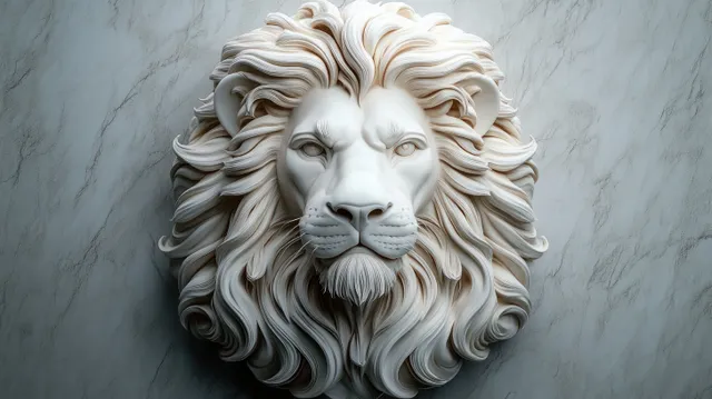 White lion head sculpture with flowing carved mane mounted on a textured wall.
