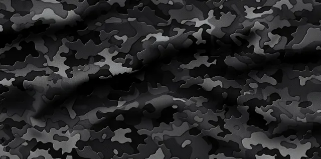 Seamless black and gray night camo pattern with mottled texture and dark fabric feel