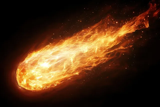 Fiery meteor streaks through dark space, blazing orange and yellow flame trail with sparks