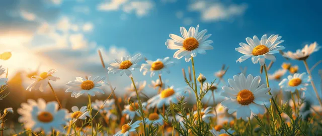 Daisies swaying in green meadow grass under a bright blue summer sky