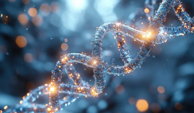 Glowing DNA helix entwines sparkling molecular spheres against a dark, bokeh-filled scientific background.