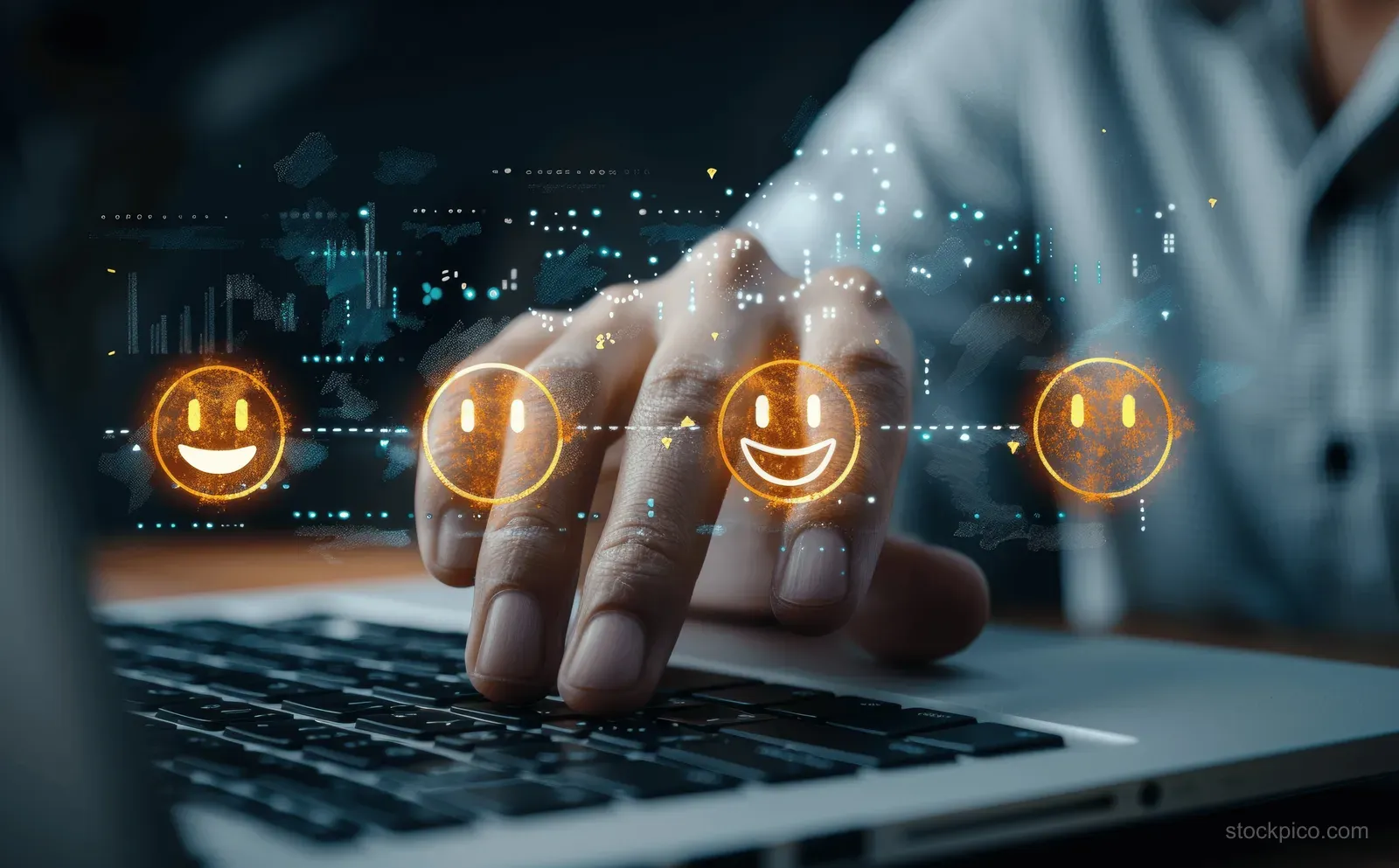 A businessman hand taps a smiling customer-service icon on a laptop screen with glowing rating circles.