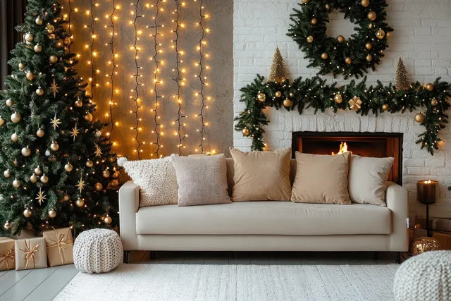 A lit Christmas tree, fireplace, and cream sofa with pillows glow in a cozy living room interior.
