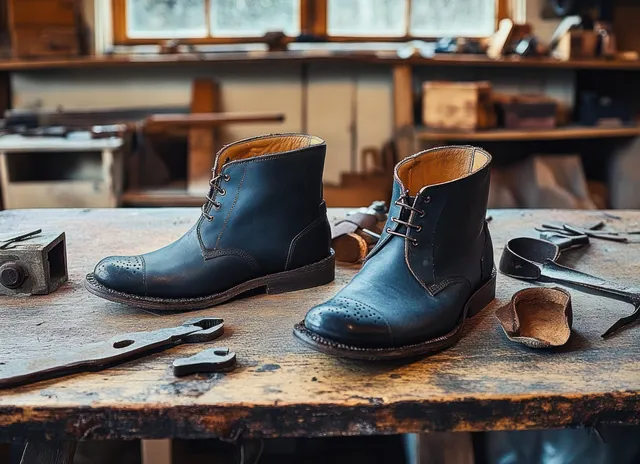 Pair of black leather lace-up boots resting on a worn wooden workbench with leather tools and pieces around them.